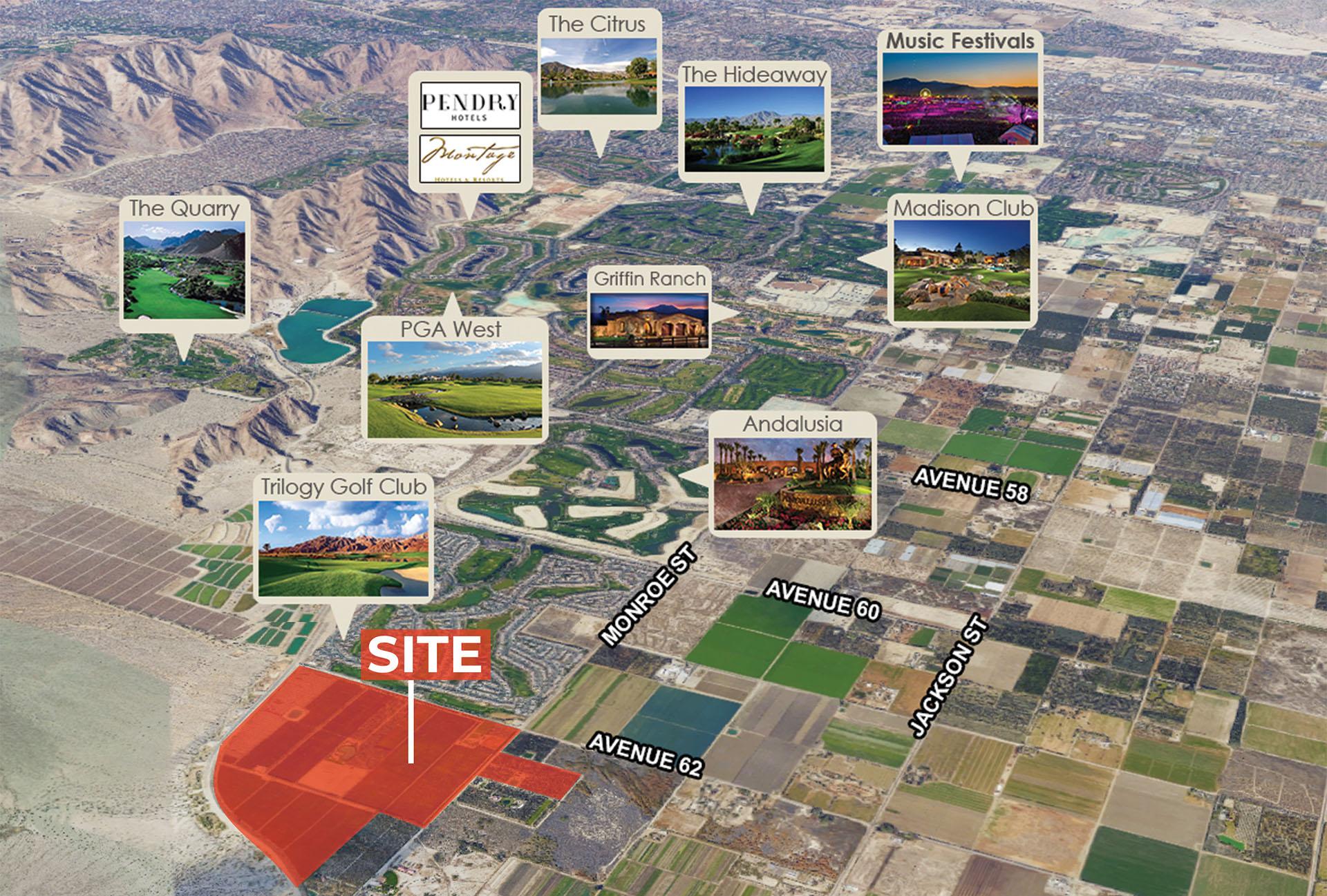 Aerial view of The Keck Estate showing date orchard and surrounding Coachella Valley landscape